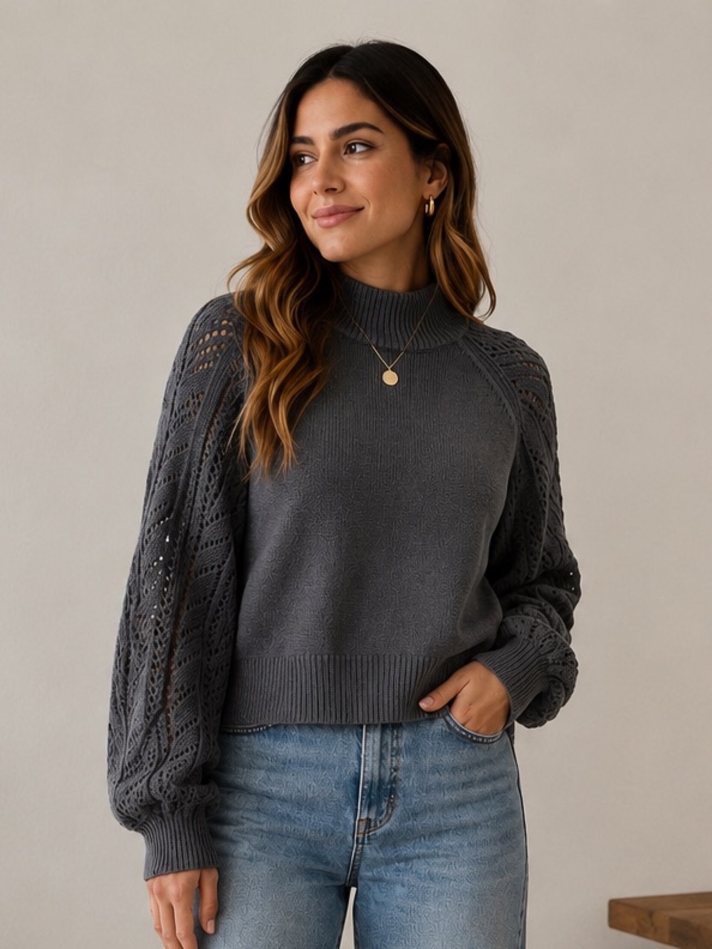 Zara Charcoal Knit Sweater with Lace Balloon Sleeves